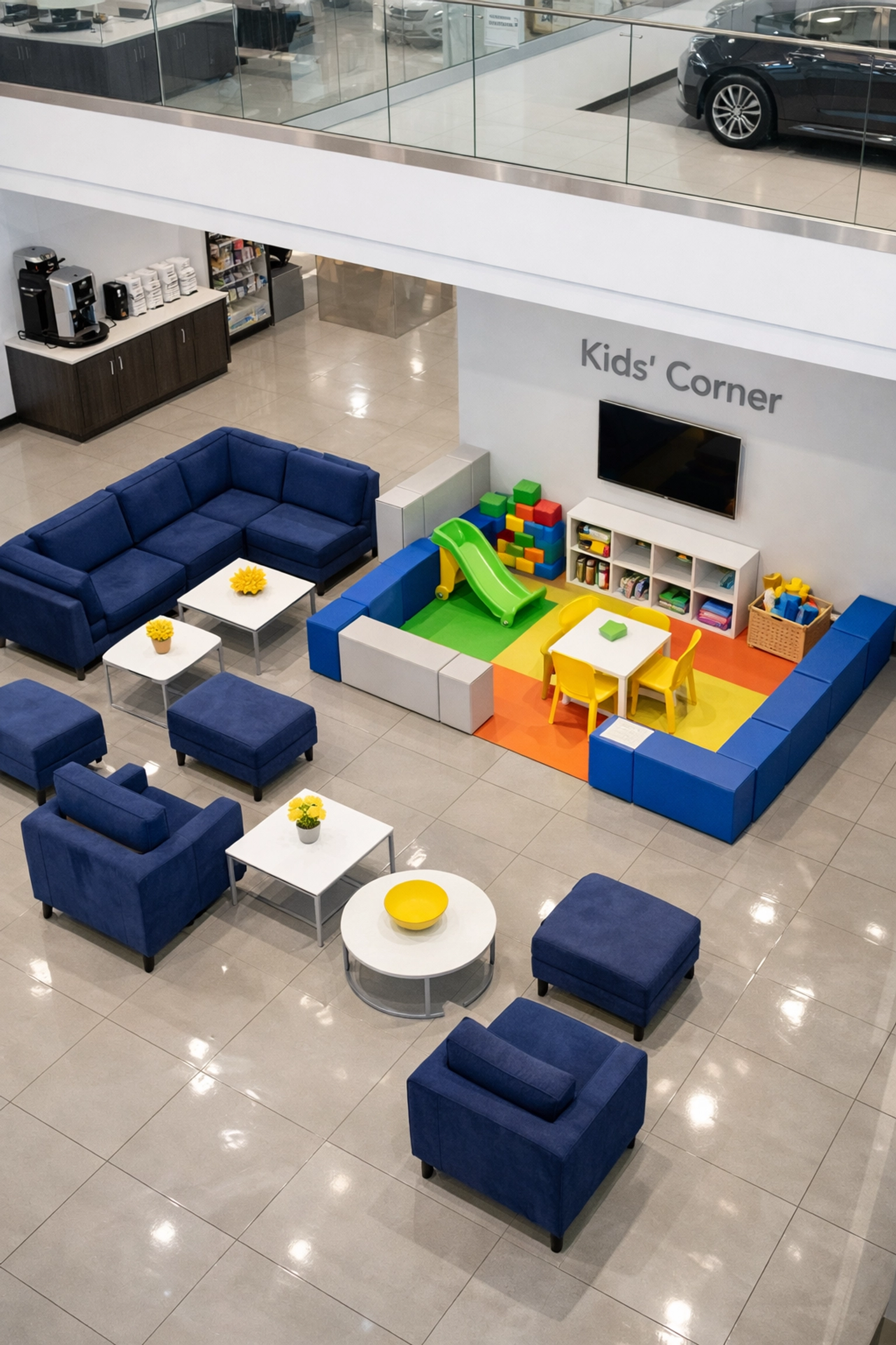 Clean and sanitized customer lounge and kids' play area in an auto dealership.