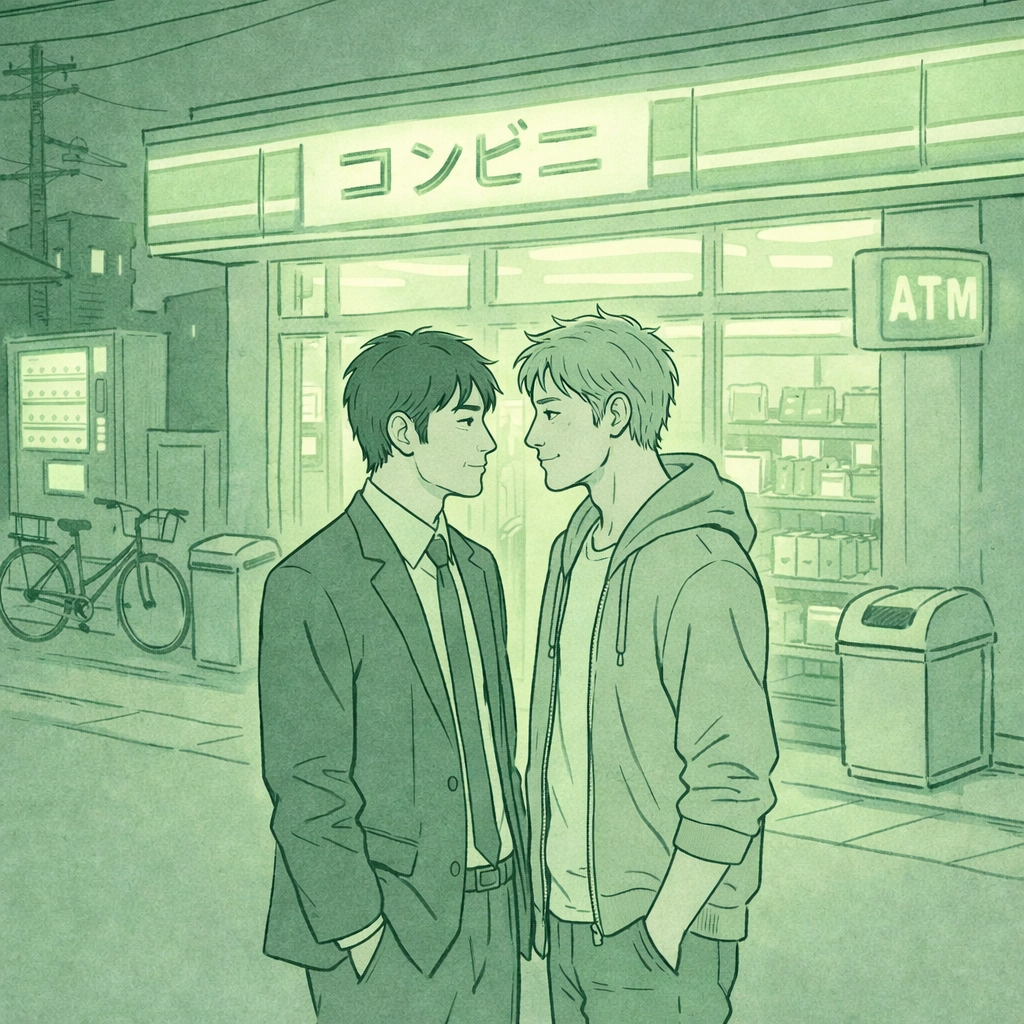 Two men meet outside Tokyo convenience store in Shinjuku's neon-lit streets - gay romance MM fiction
