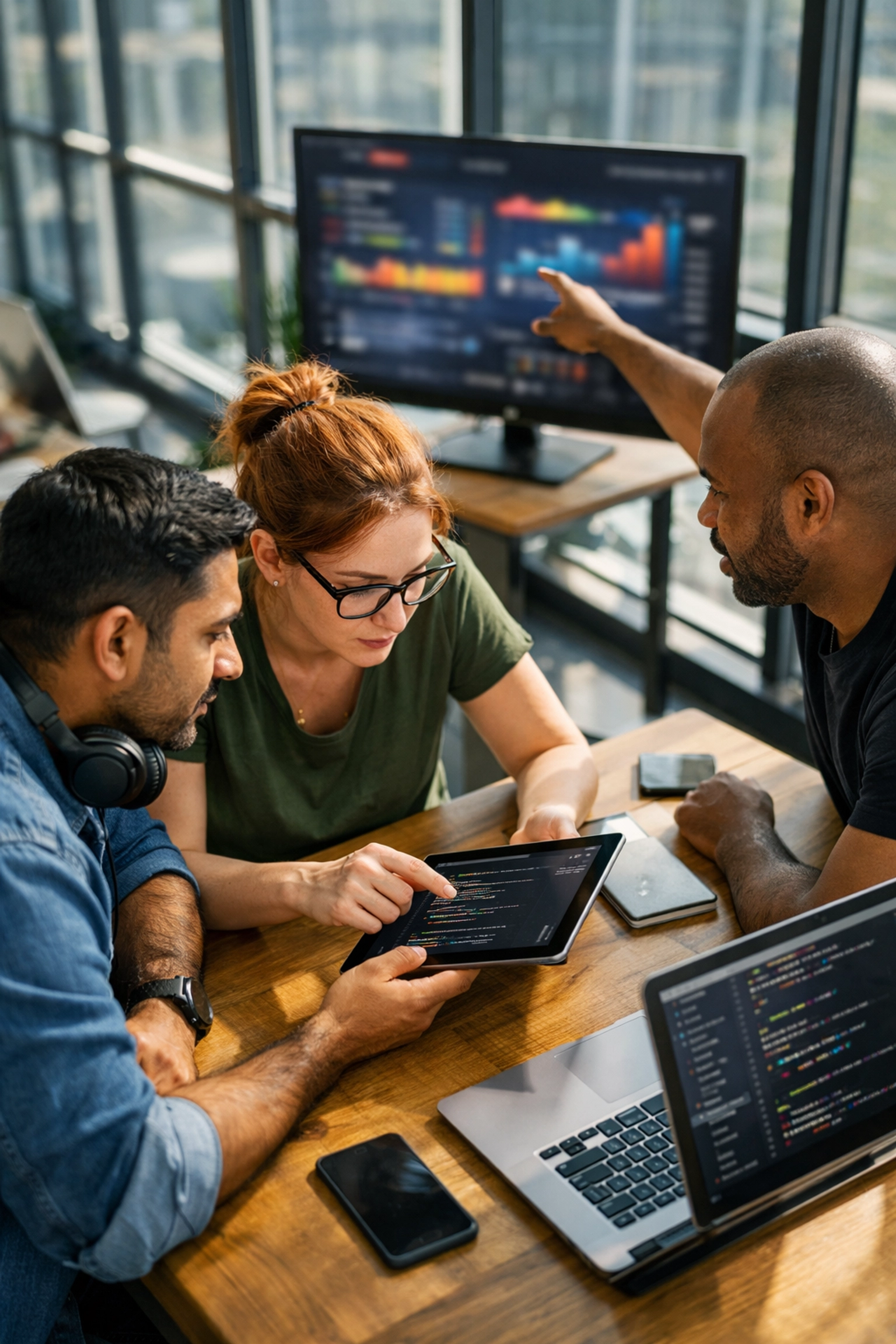 IT professionals collaborating on a ServiceNow ITOM implementation in a modern corporate office.