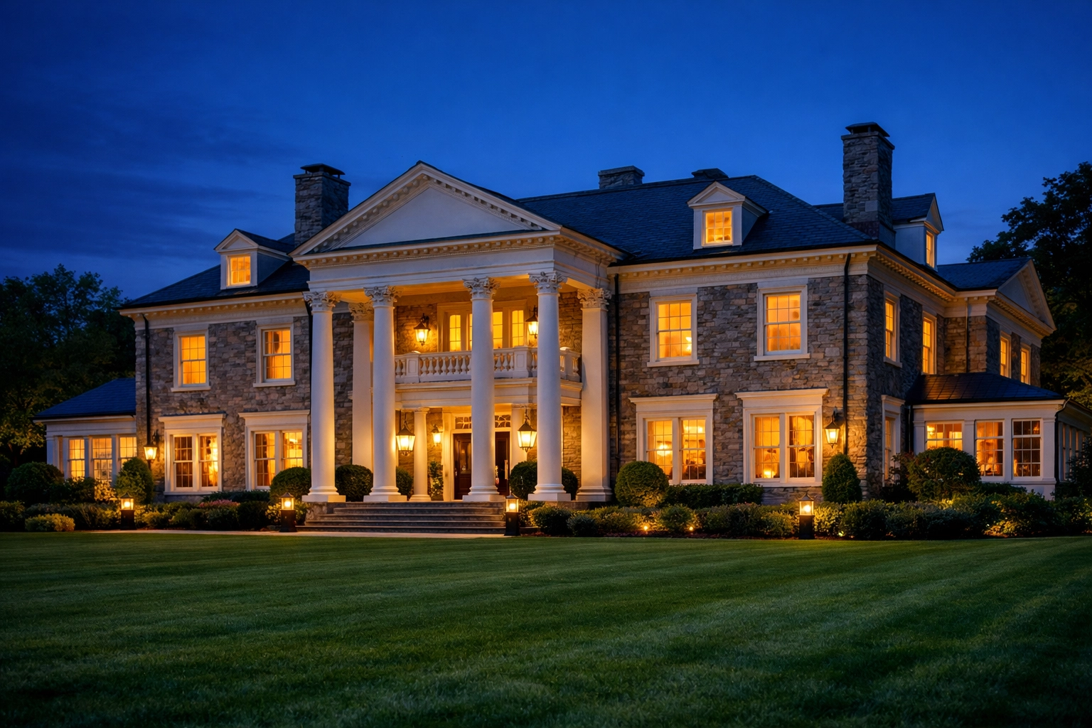 Exterior view of a grand Dover estate maintained by professional residential cleaning Massachusetts.