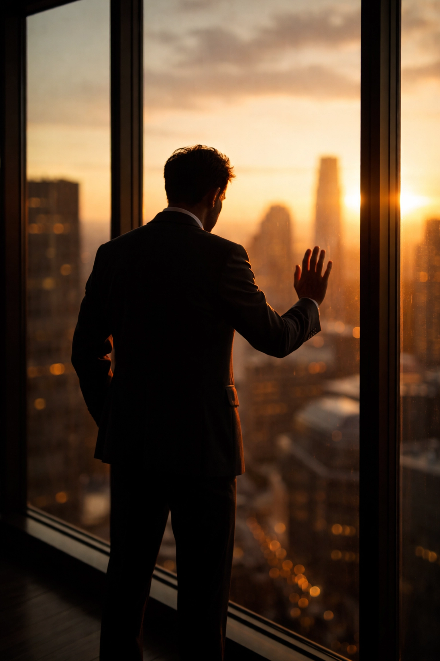 Executive pausing at office window after divorce, reflecting on performance restoration and career direction
