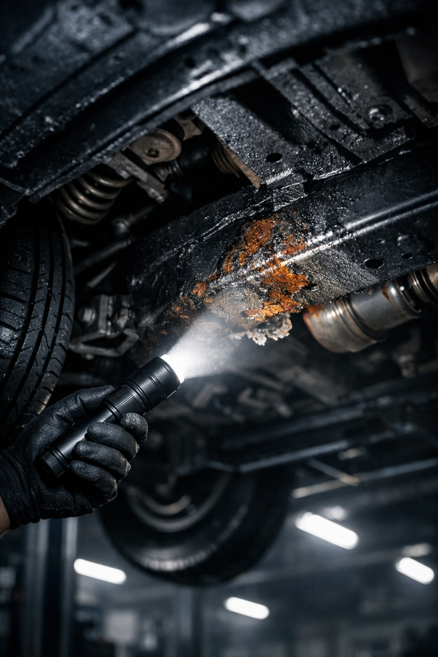 Professional car undersealing inspection showing hidden chassis rust and corrosion under a vehicle lift.
