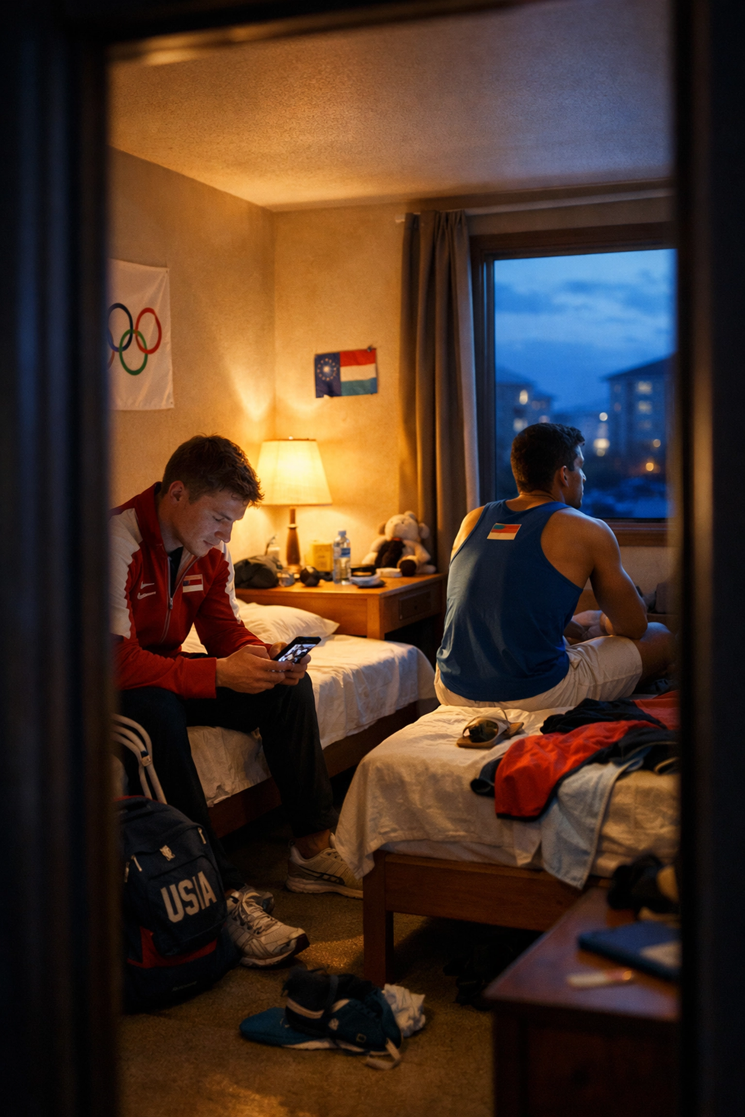 Two male athletes in Olympic village room sharing private moment away from public eye