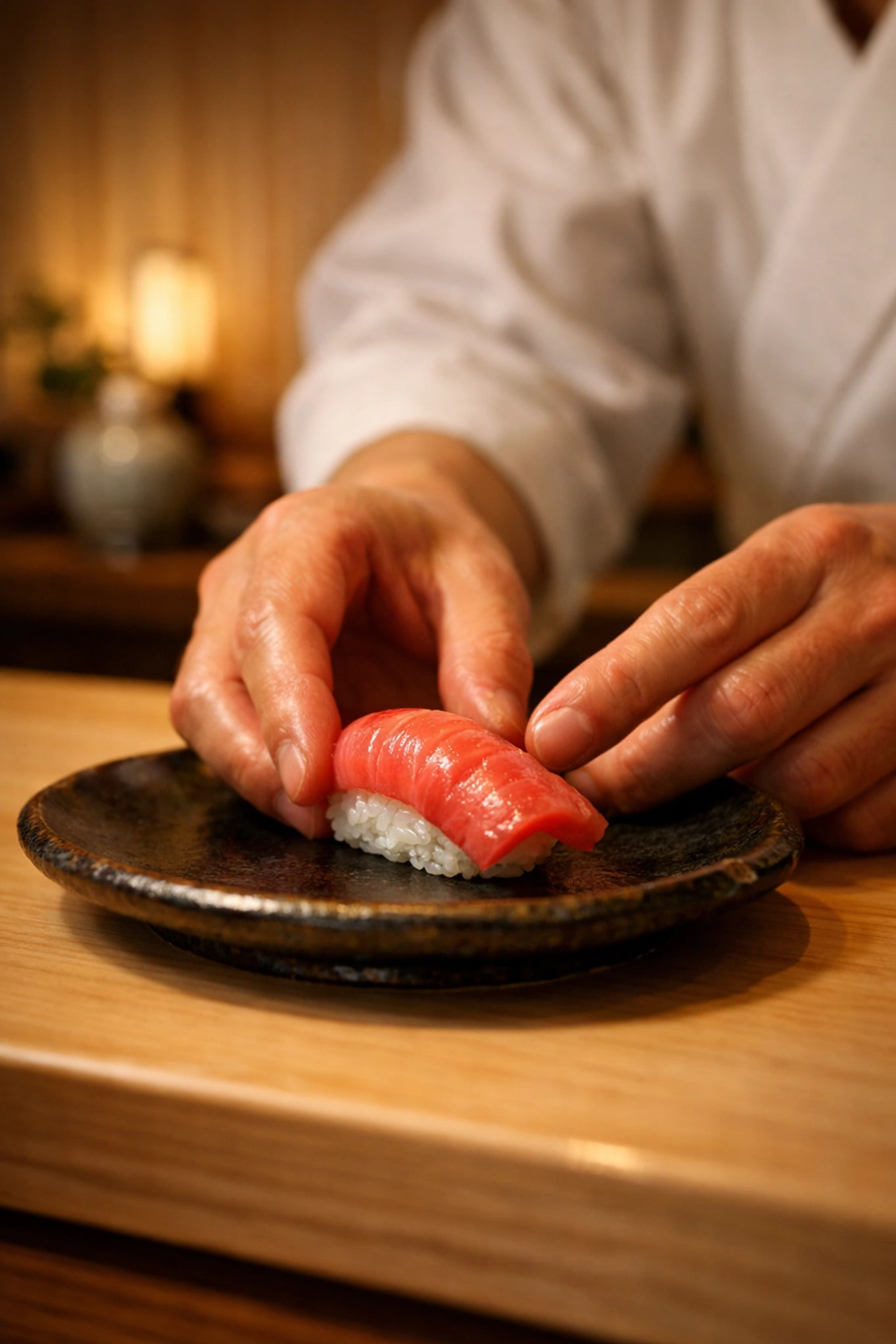 High-end sushi chef preparing Otoro nigiri in Ginza, a luxury Tokyo dining photo spot.