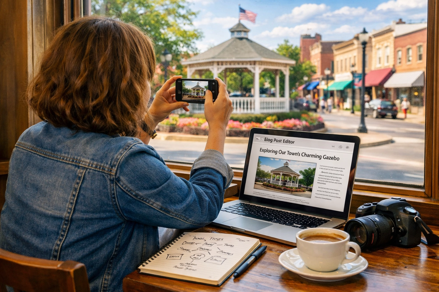 Business owner planning local content and social media management services at a neighborhood cafe.