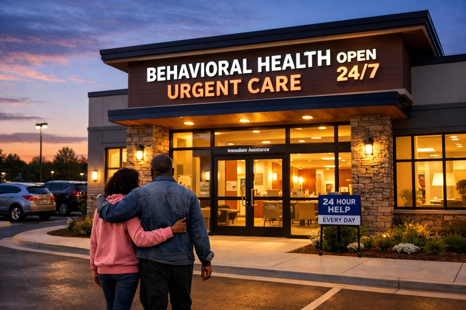 Father and daughter entering behavioral health urgent care facility for crisis support