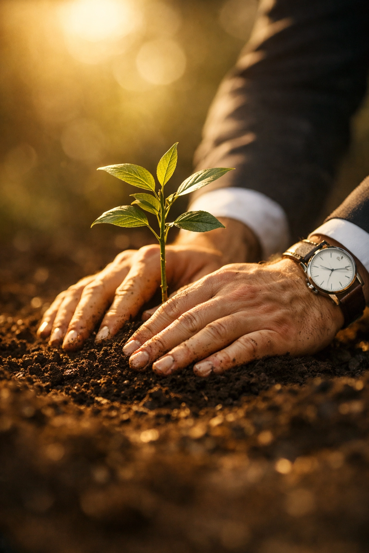 Professional hands planting a sapling, symbolizing faith-rooted leadership and organizational growth.