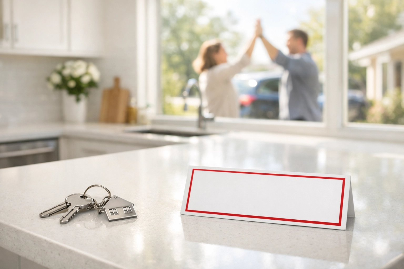 House keys on a modern kitchen island, symbolizing a successful cash offer and home sale.