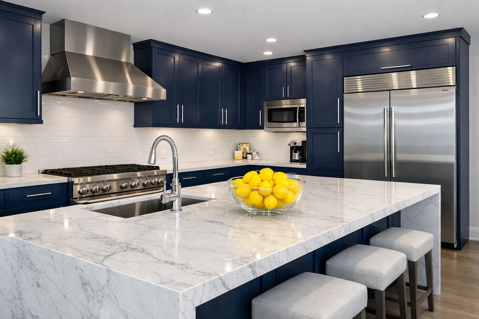 Spotless modern kitchen in a Concord condo with marble island, highlighting professional cleaning excellence.