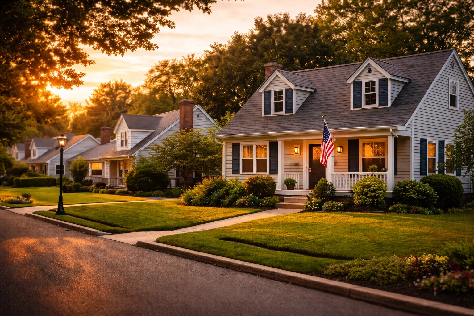 Charming South Jersey neighborhood of single-family homes during sunset, peaceful and inviting