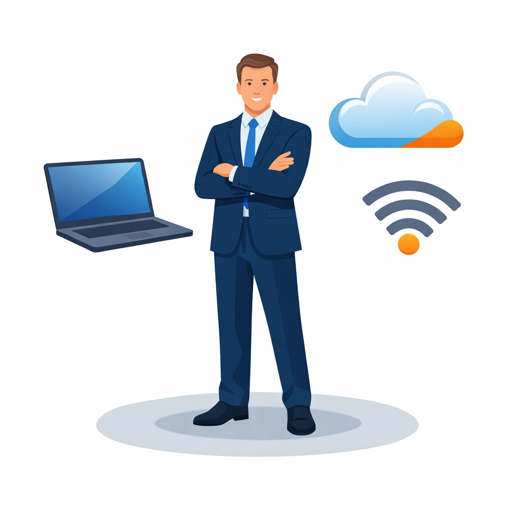 Modern illustration of a business professional managing a streamlined cloud and wireless IT infrastructure for growth.