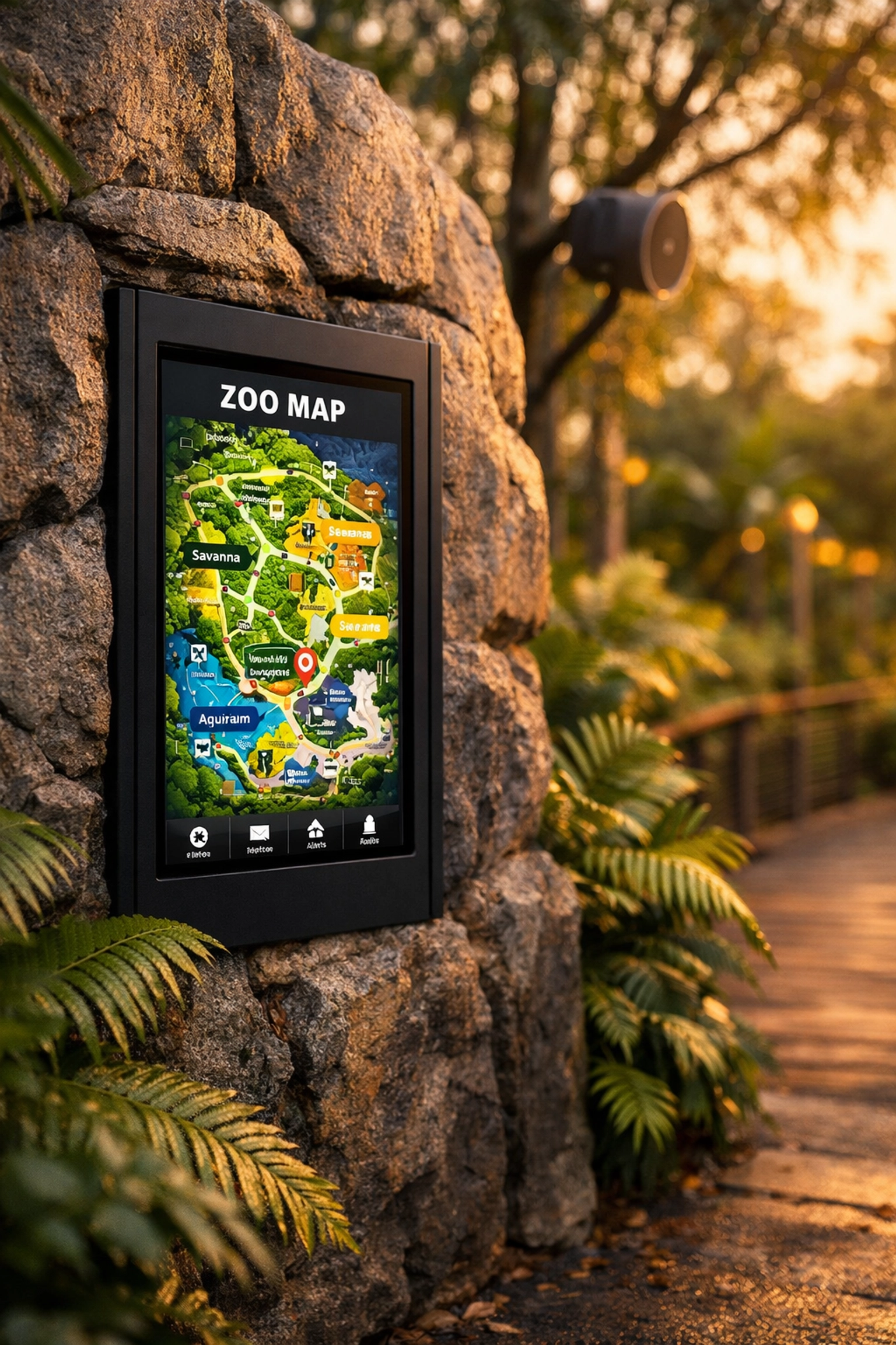Outdoor digital kiosk and smart signage providing visitor directions in a lush zoo setting.