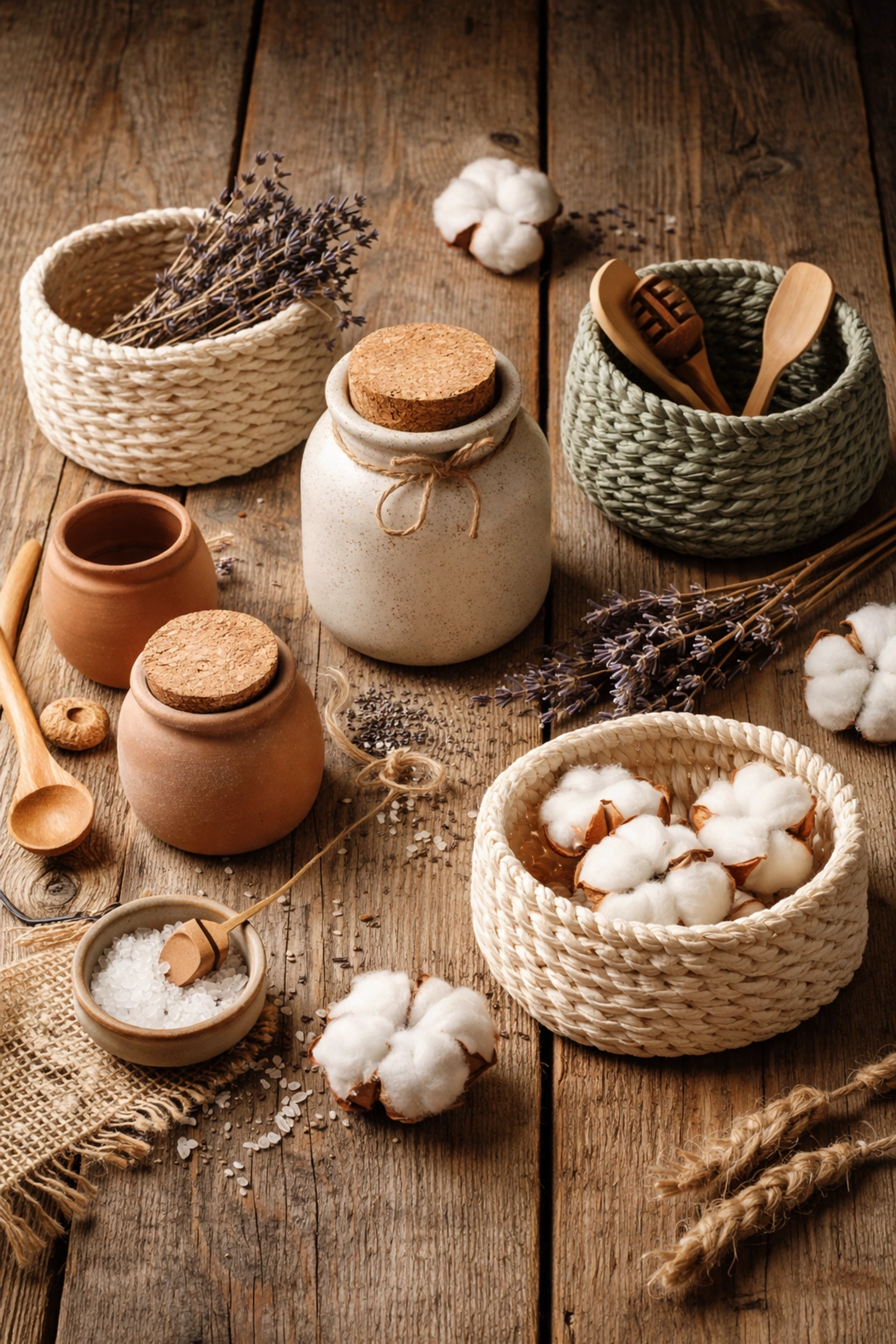Flat lay of handcrafted ceramic jars, woven baskets, and farmhouse decor on a rustic wooden table, highlighting artisan storage solutions.