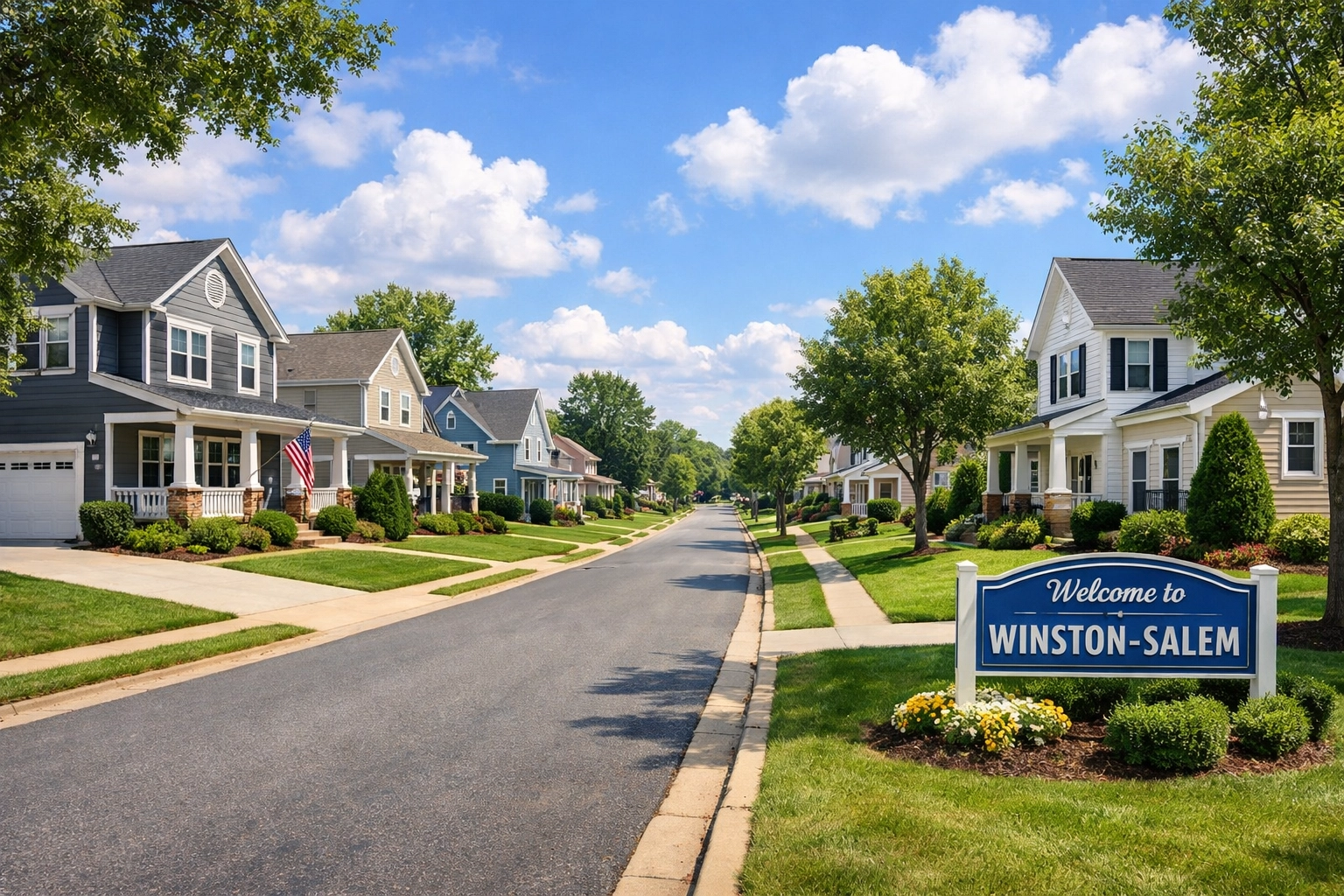 Well-maintained Winston-Salem neighborhood street with single-family homes