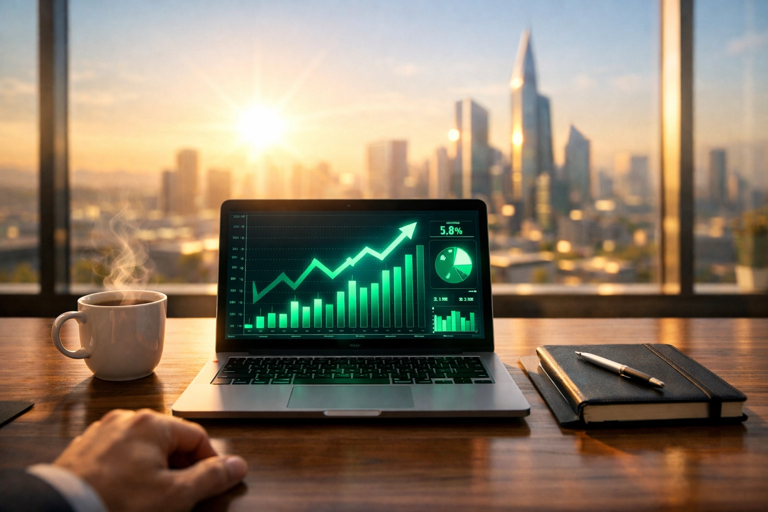 Modern office desk with a growth dashboard on a laptop, symbolizing a successful Service Ready SaaS business.