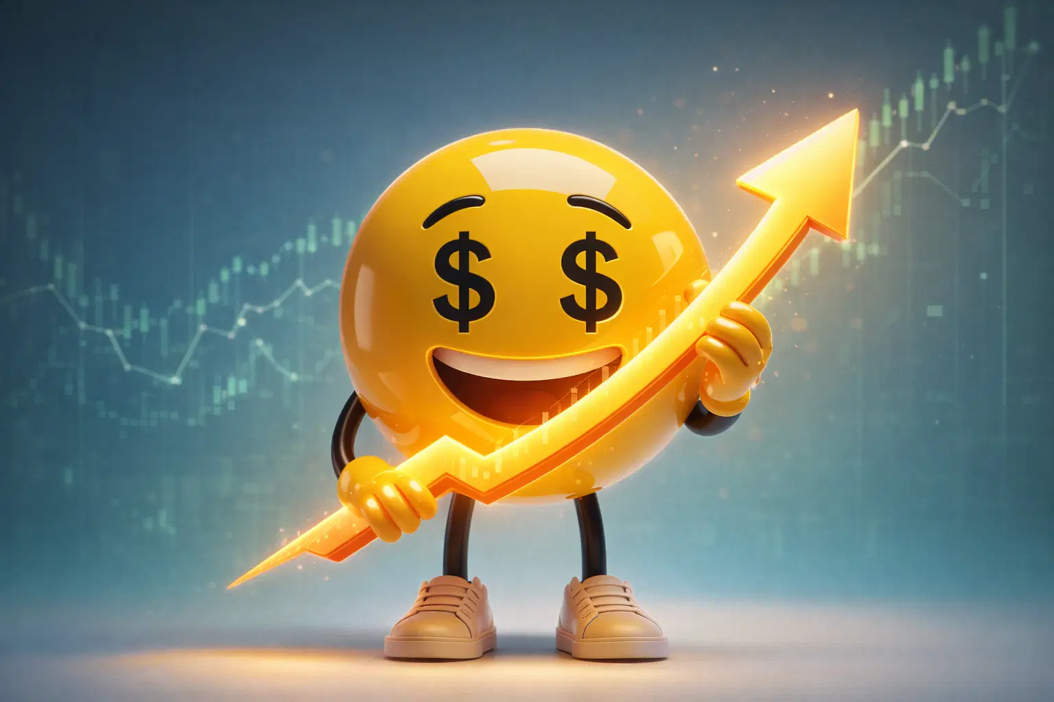 A cheerful emoji character with dollar signs for eyes holding a glowing upward arrow, symbolizing financial growth and positivity