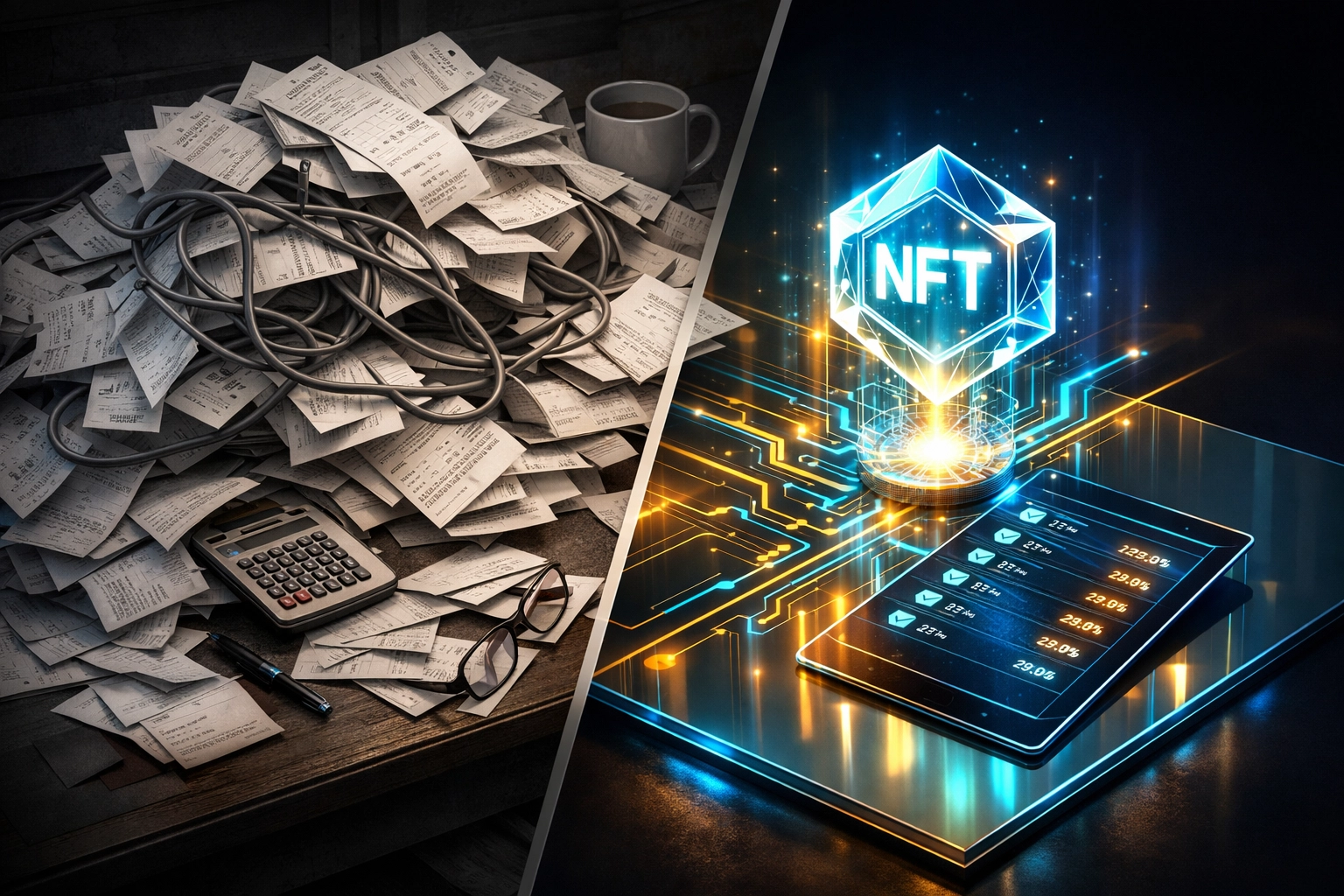 Comparing traditional cluttered paper accounting with automated Larecoin.ai NFT receipts on a digital ledger.
