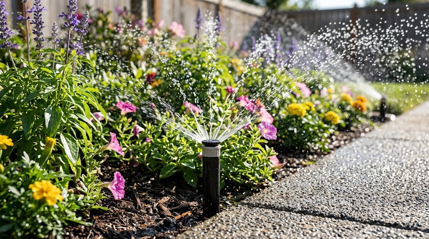 A precision sprinkler head watering a flower bed and avoiding the sidewalk