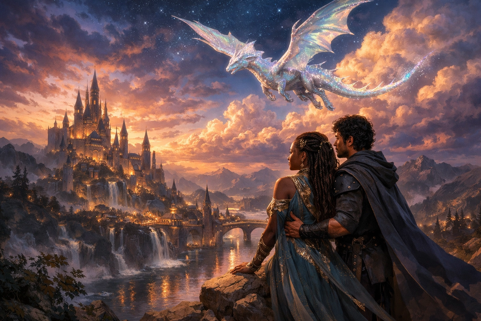 Epic romantasy scene with a couple overlooking a magical kingdom and a flying opal dragon.