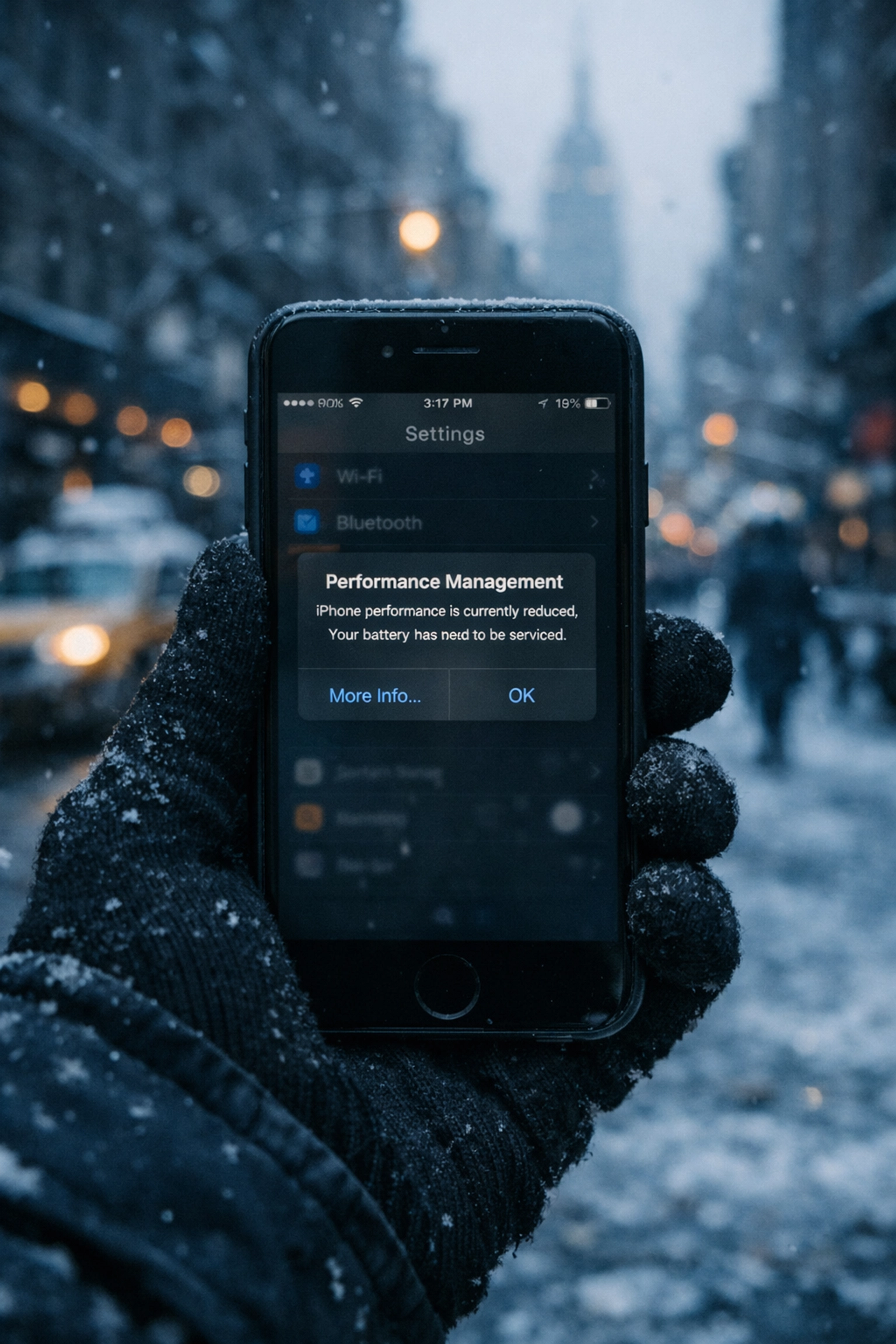 iPhone showing slow performance and dim screen in cold NYC winter weather