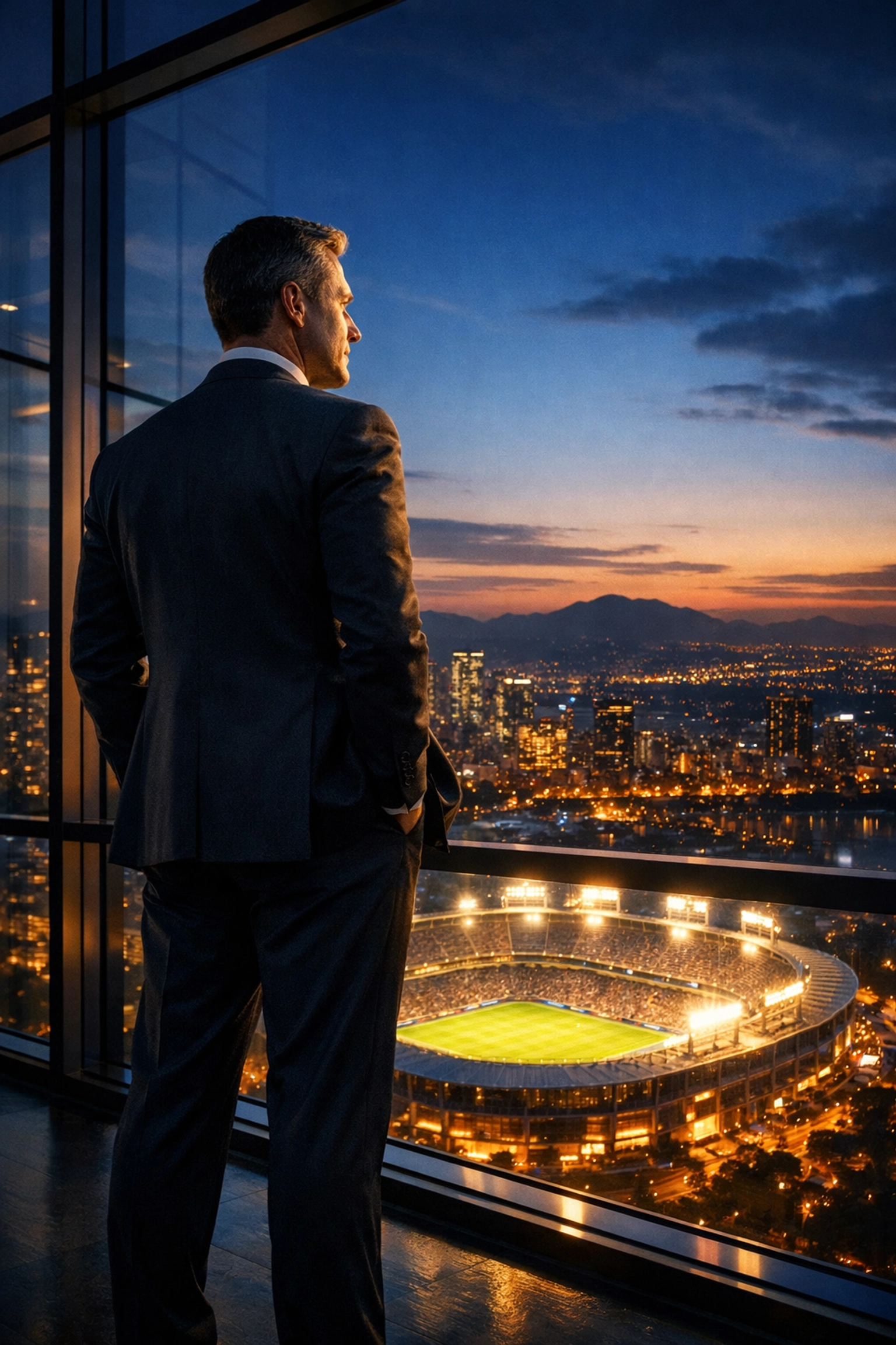 Corporate executive viewing a glowing sports stadium from a skyscraper, representing strategic brand dominance.