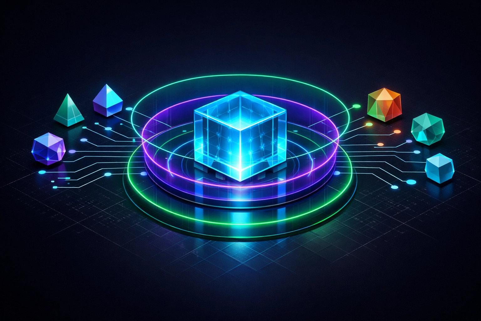 Enterprise AI gateway showing secure connections between AI models and business applications with governance layers.