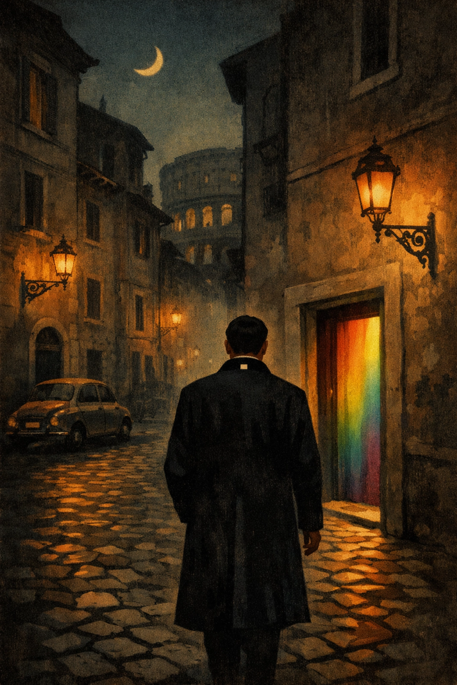 Priest walking Rome streets toward underground gay meeting place at night