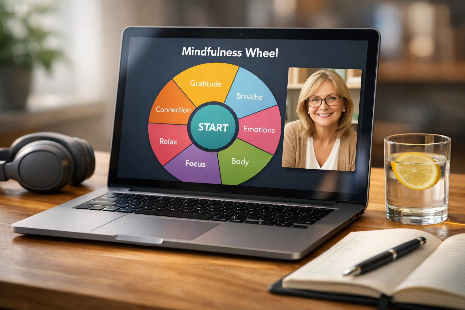 Modern counseling services via a secure laptop with digital wellness tools and an empathetic therapist.