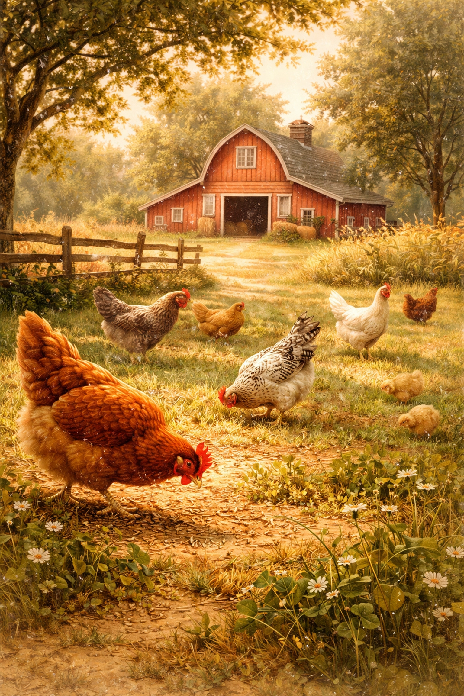 Free-range hens foraging in a sunny pasture, representing pasture-raised eggs from local farms.