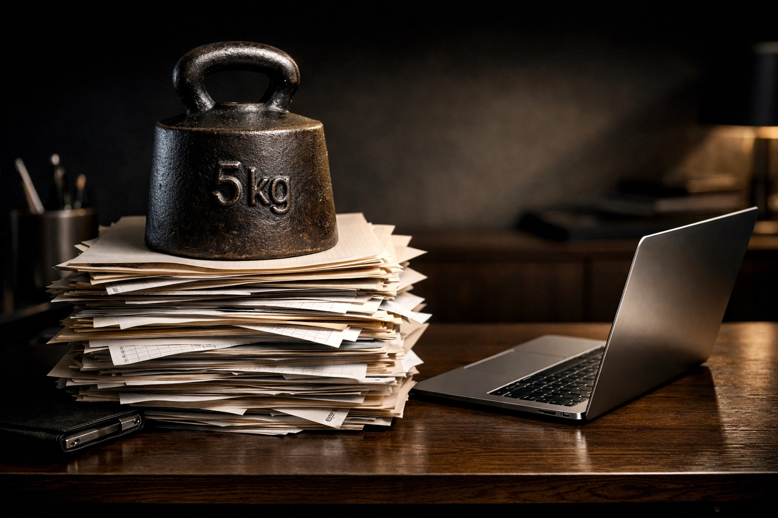 Heavy weight on paper files vs laptop showing the high cost of full-time HR overheads.