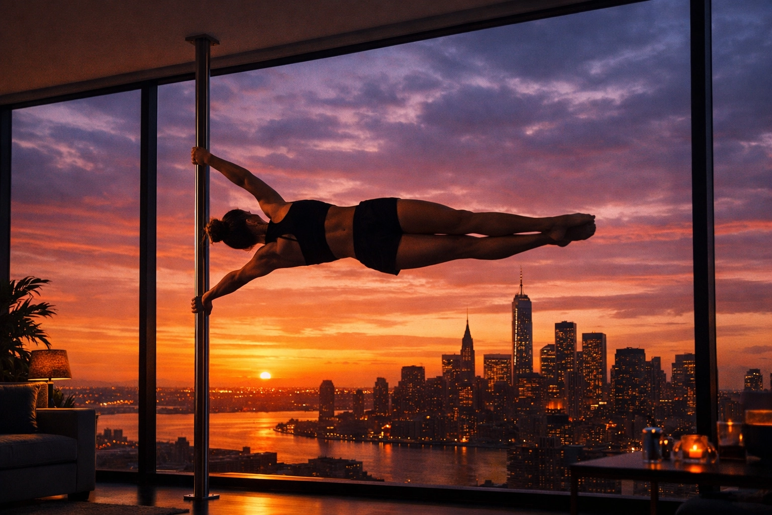Gymnast performing a human flag on calisthenics equipment for home, showing floor to ceiling gym stability.