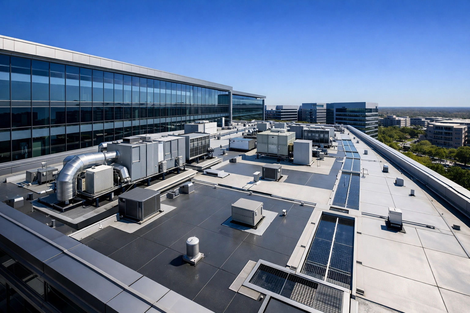 Commercial flat roofing project on a modern corporate building showing drainage and HVAC systems.