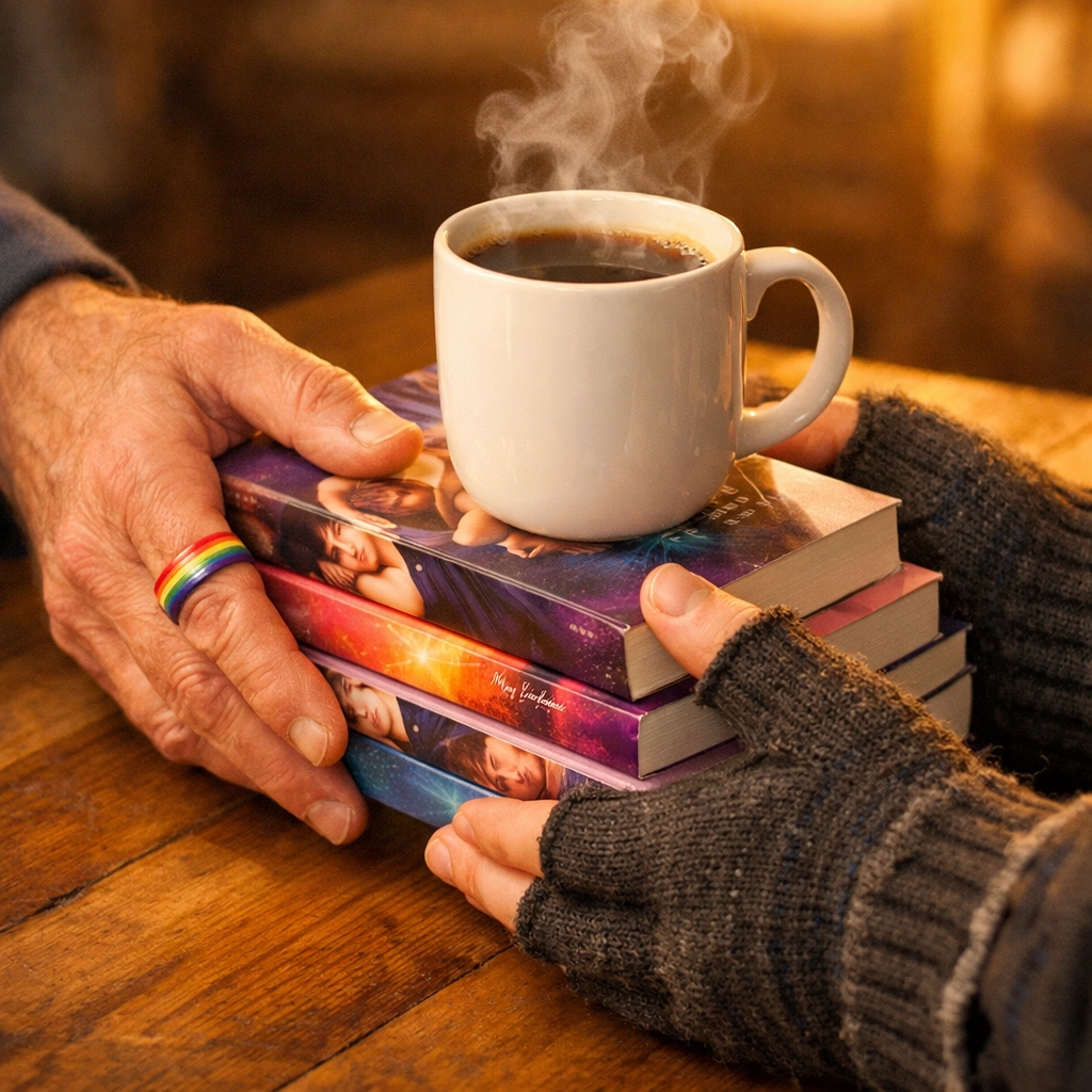 Hands sharing MM romance books and coffee, showing community support and hope for the LGBTQ+ community.
