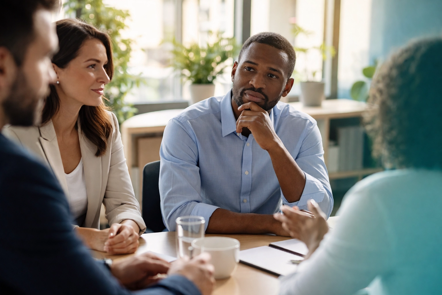 A diverse business team sits in a sunlit office, highlighting open-minded communication and curiosity in the workplace.