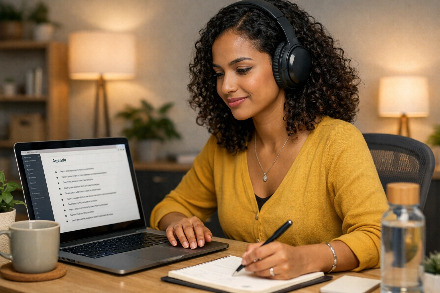 Workplace self-advocacy support: diverse adult using noise-canceling headphones and a clear written agenda in a sensory-friendly workspace.