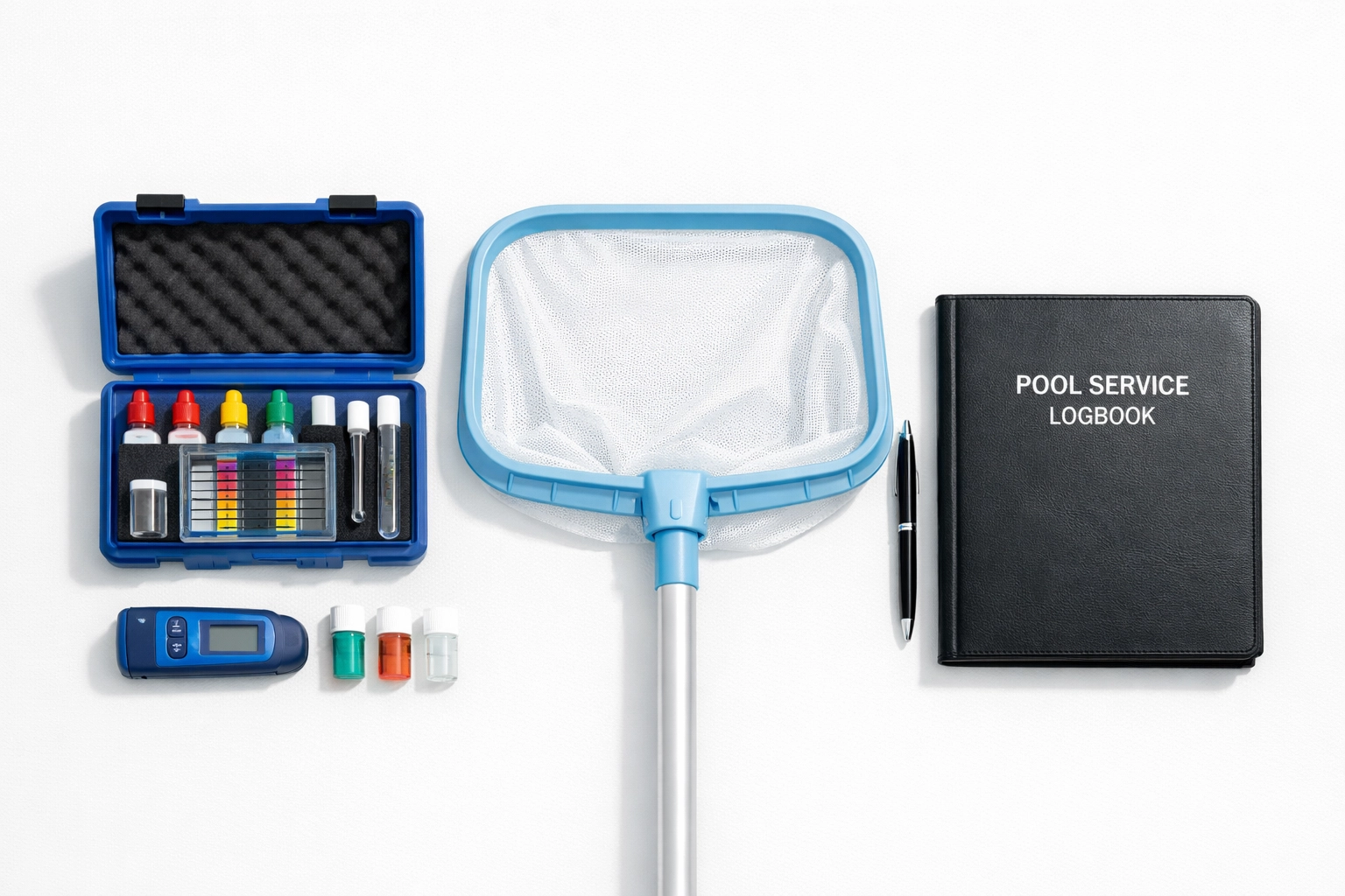 Meticulously organized pool maintenance tools and service logs ready for a professional business transition.
