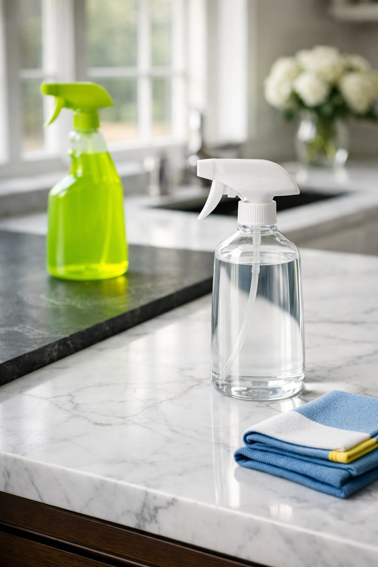 pH-neutral cleaners for luxury Weston estate cleaning on white Carrara marble kitchen islands.