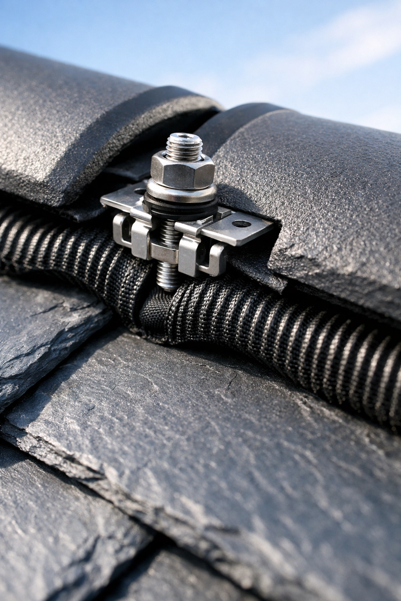 Modern dry ridge systems with mechanical fixings and ventilation strips installed on a slate roof.