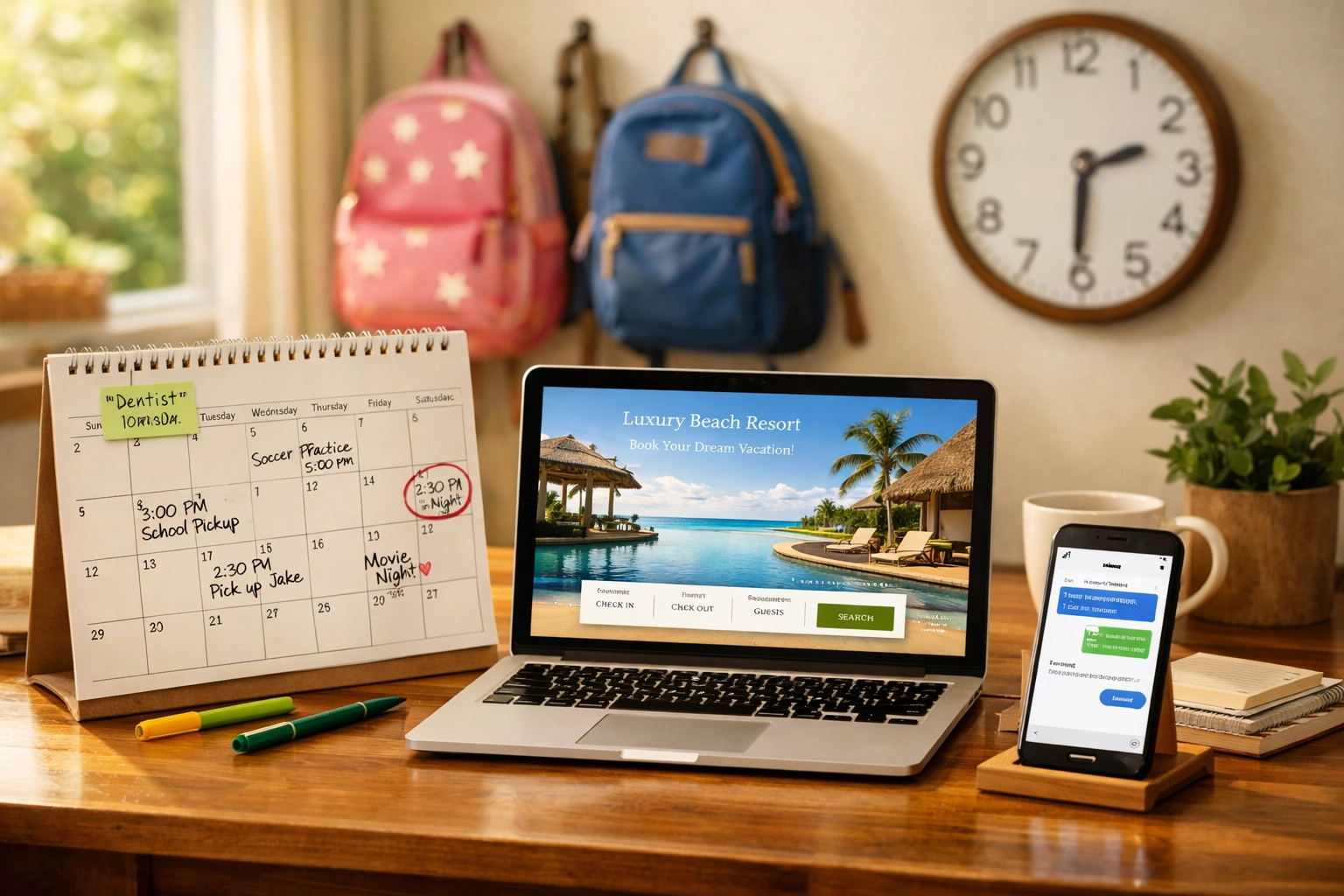 Home office desk showing flexible work schedule balancing family activities and travel bookings