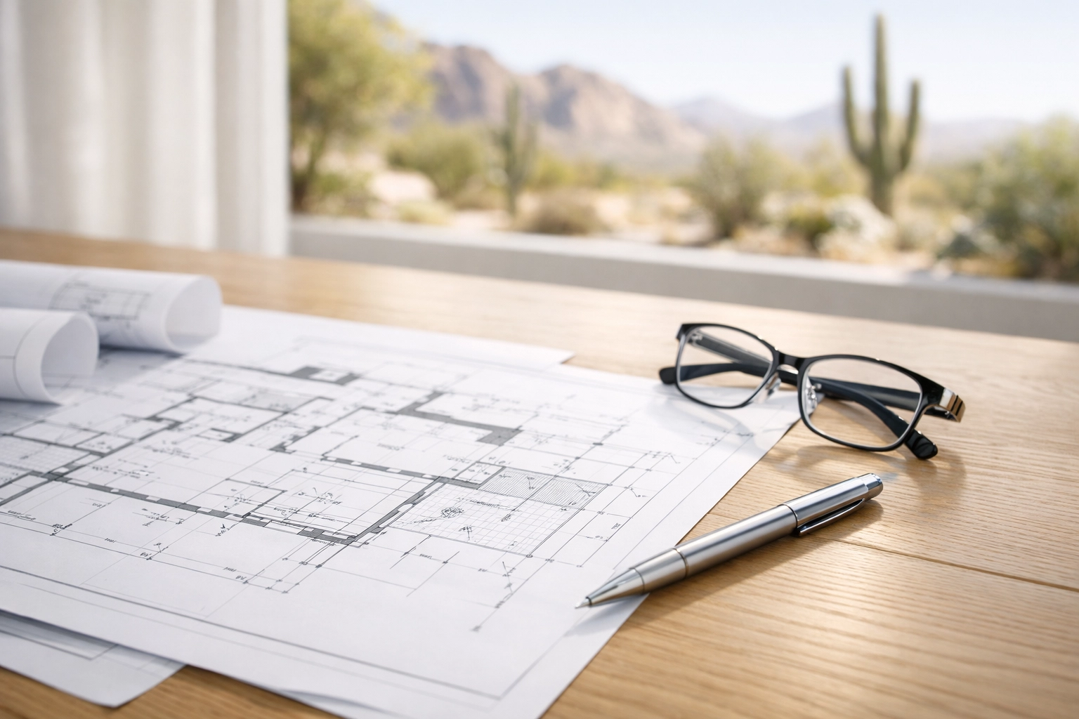 Professional architectural blueprints for planning a luxury Phoenix custom home on a modern desk.