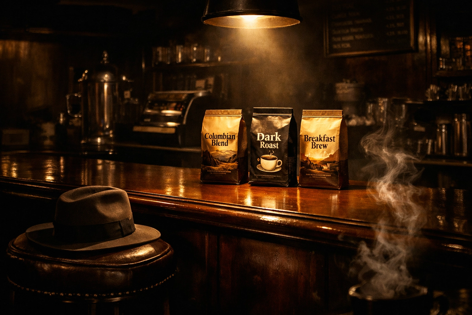 Vintage coffee shop interior featuring specialty coffee bags and atmospheric café setting