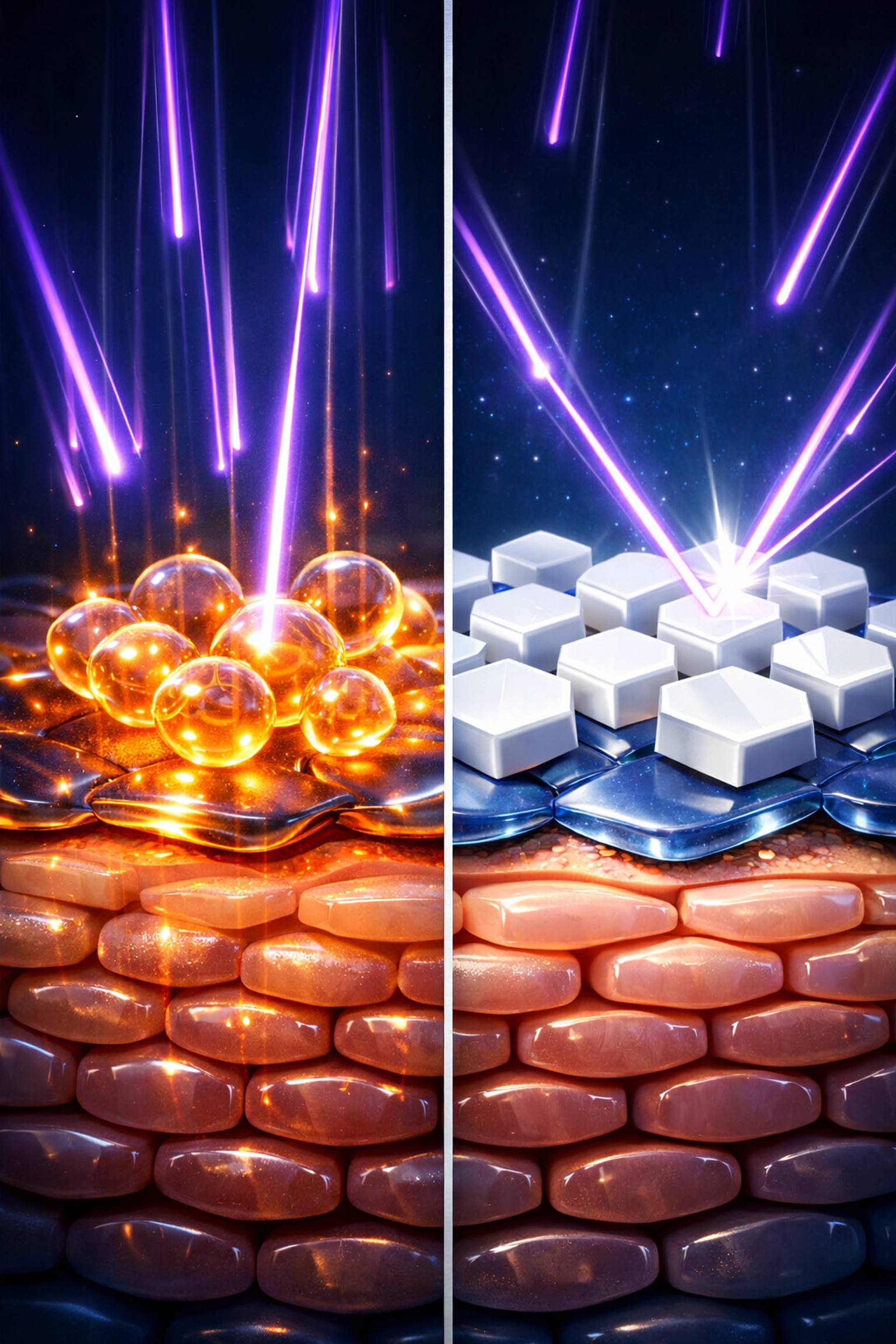 Microscopic comparison of chemical sunscreen absorbing UV rays and mineral zinc oxide protecting the skin surface.