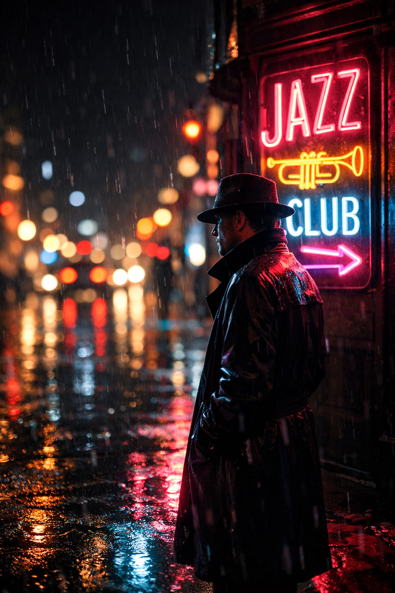 Night street photography ideas using neon lights and rain reflections on city streets.