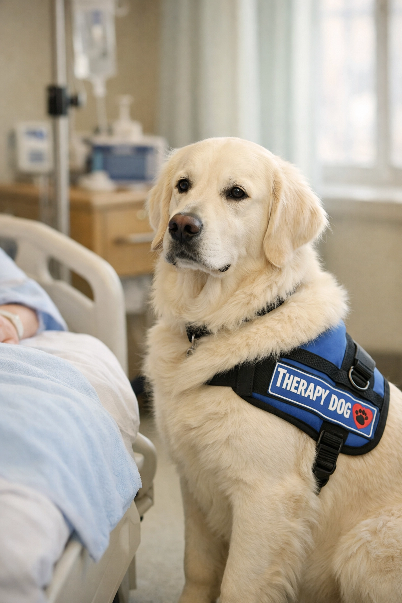Therapy dog Golden Retriever in hospital setting demonstrating calm temperament from ENS training