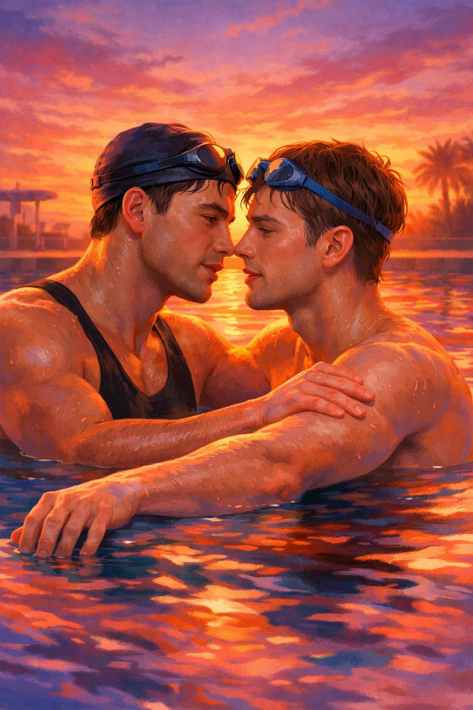 MM romance Athletes trope inspired scene of gay swimmers in intimate moment