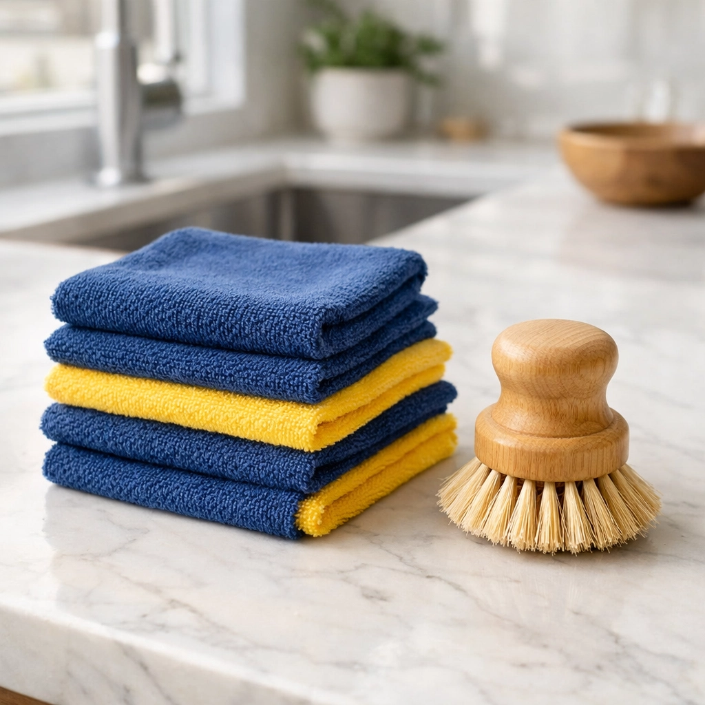 Eco-friendly house cleaning Cambridge MA tools including microfiber cloths and a wooden brush.