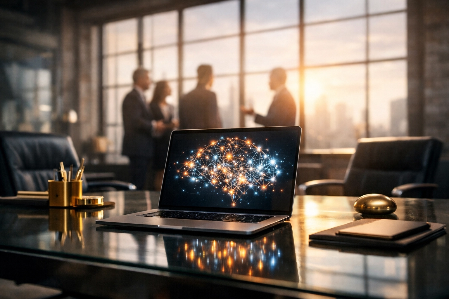 Entrepreneurs networking in a modern office with a laptop displaying AI technology for business growth strategies.