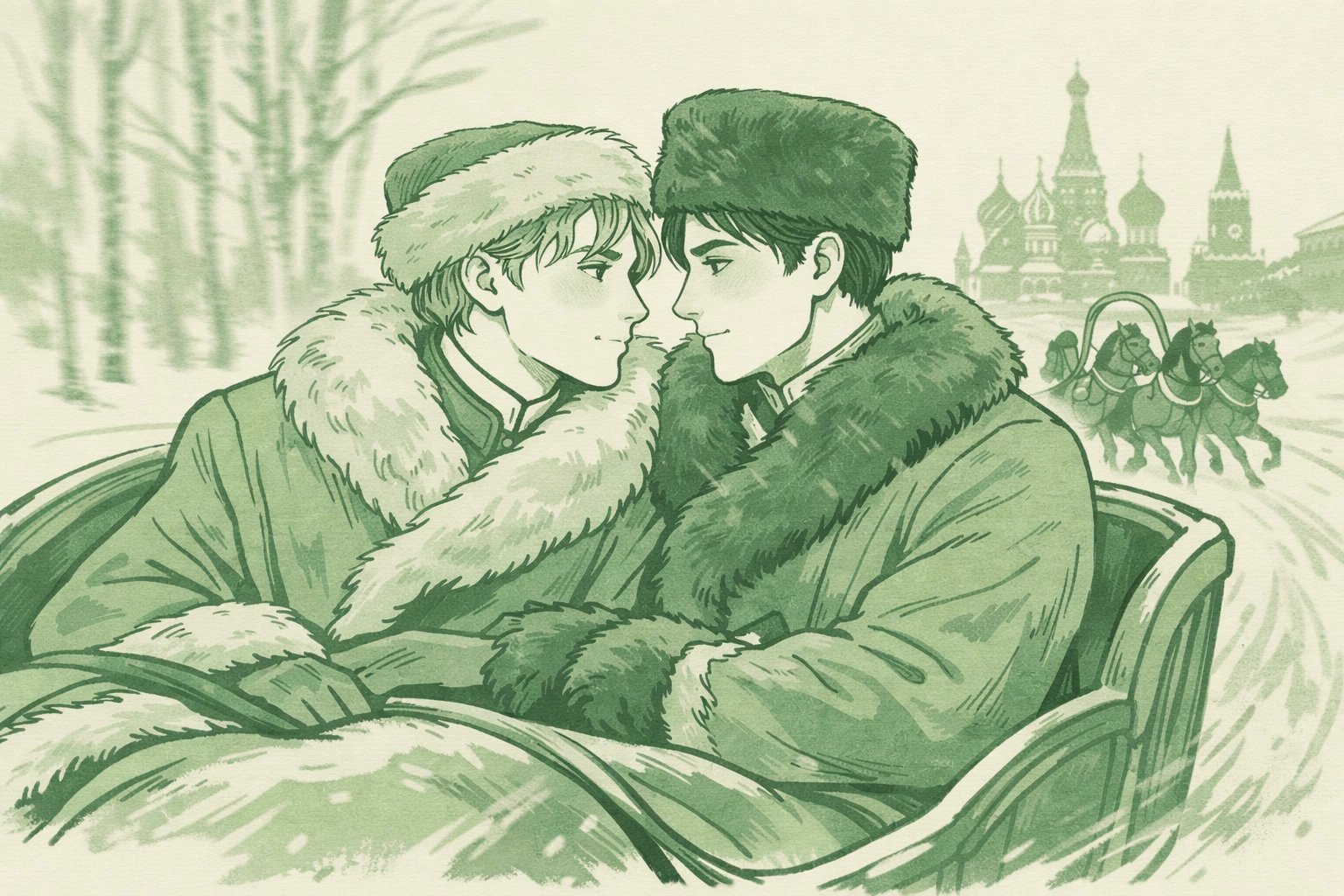 Step-brothers in troika sleigh during Moscow winter - 19th century gay romance scene