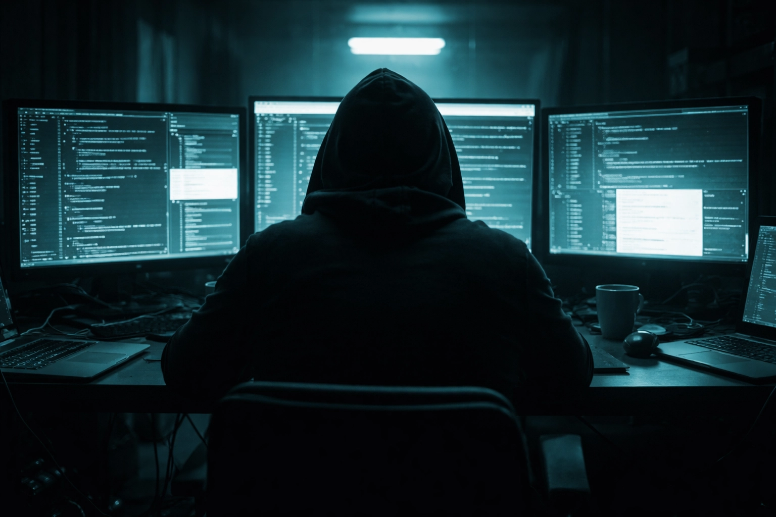 Silhouette of a hacker at a desk with glowing monitors, illustrating phishing threats and cybersecurity challenges.