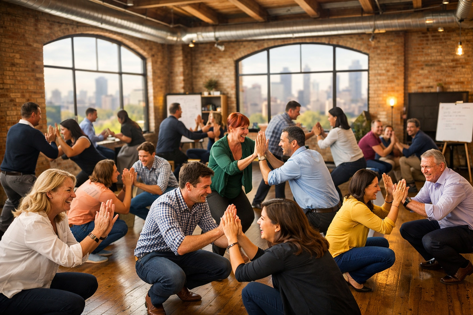 Corporate team participating in a Creative Reset training program in a Chicago loft to boost wellbeing.